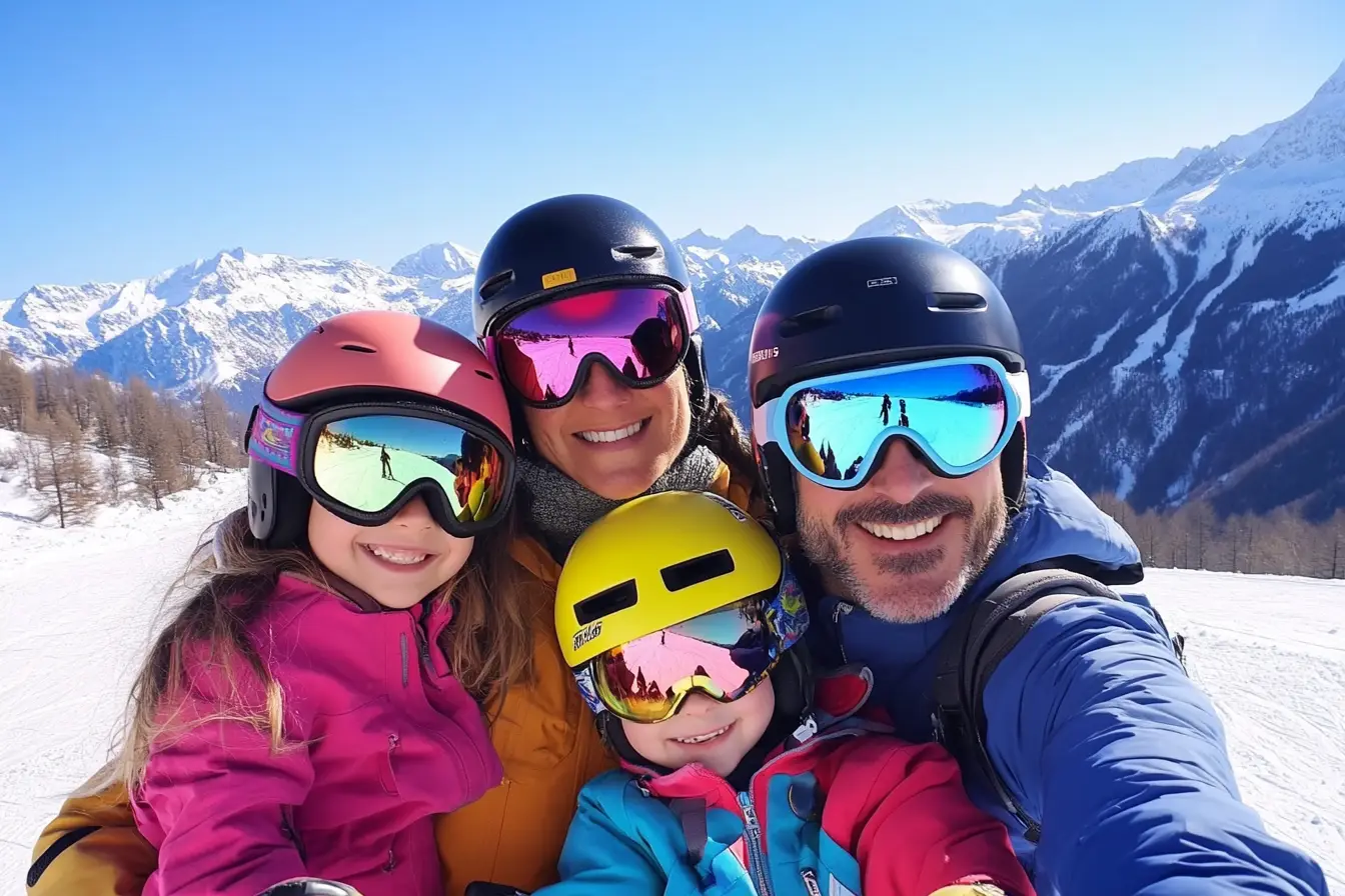 Famille au ski faisant selfie