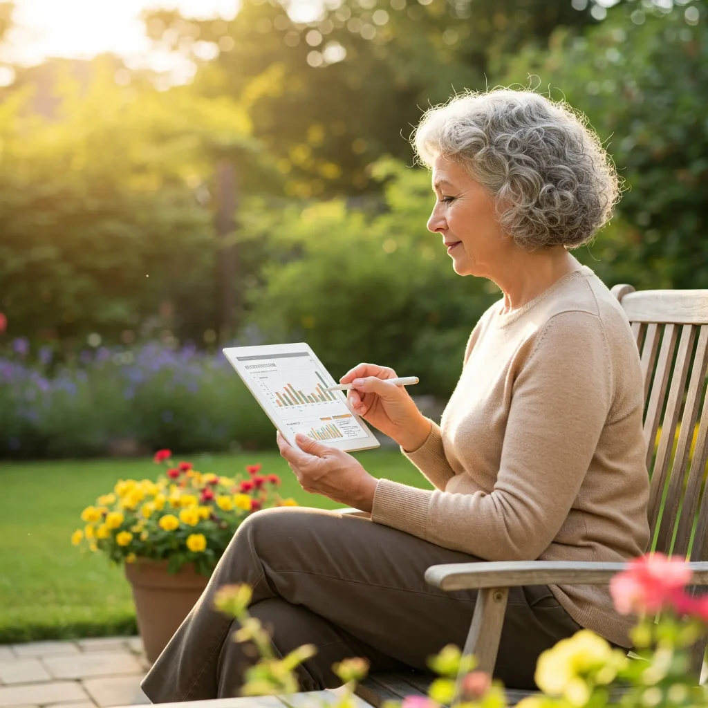 Une retraitee sereine sur un banc avec une tablette et son compte epargne