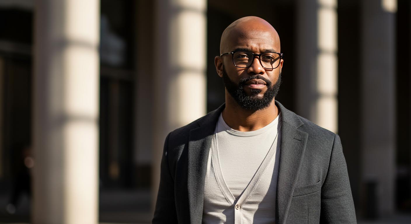 Portrait d'un homme chauve confiant à la barbe soignée, vêtu élégamment en ville.