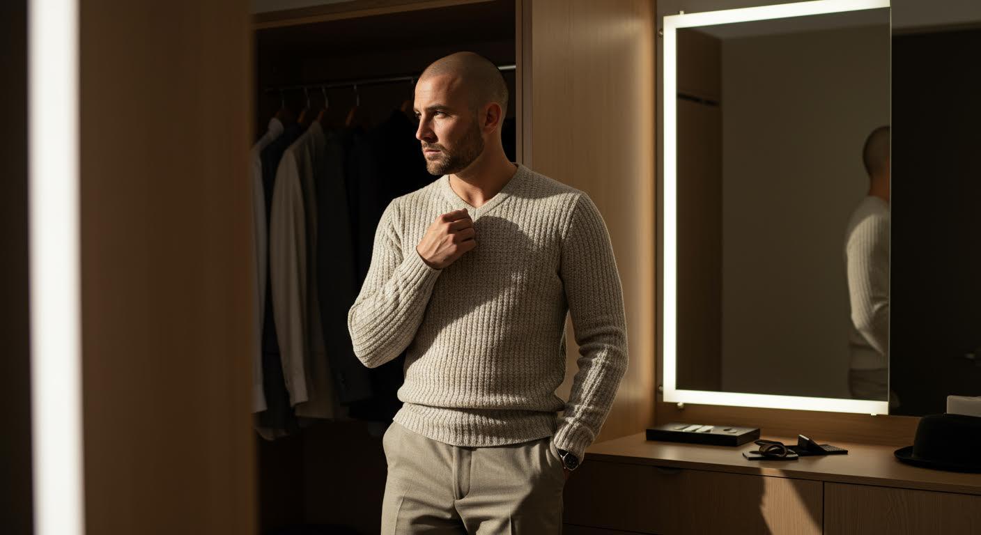 Homme chauve bien soigné contemplant son reflet dans un miroir, vêtu d'un pull en tricot.