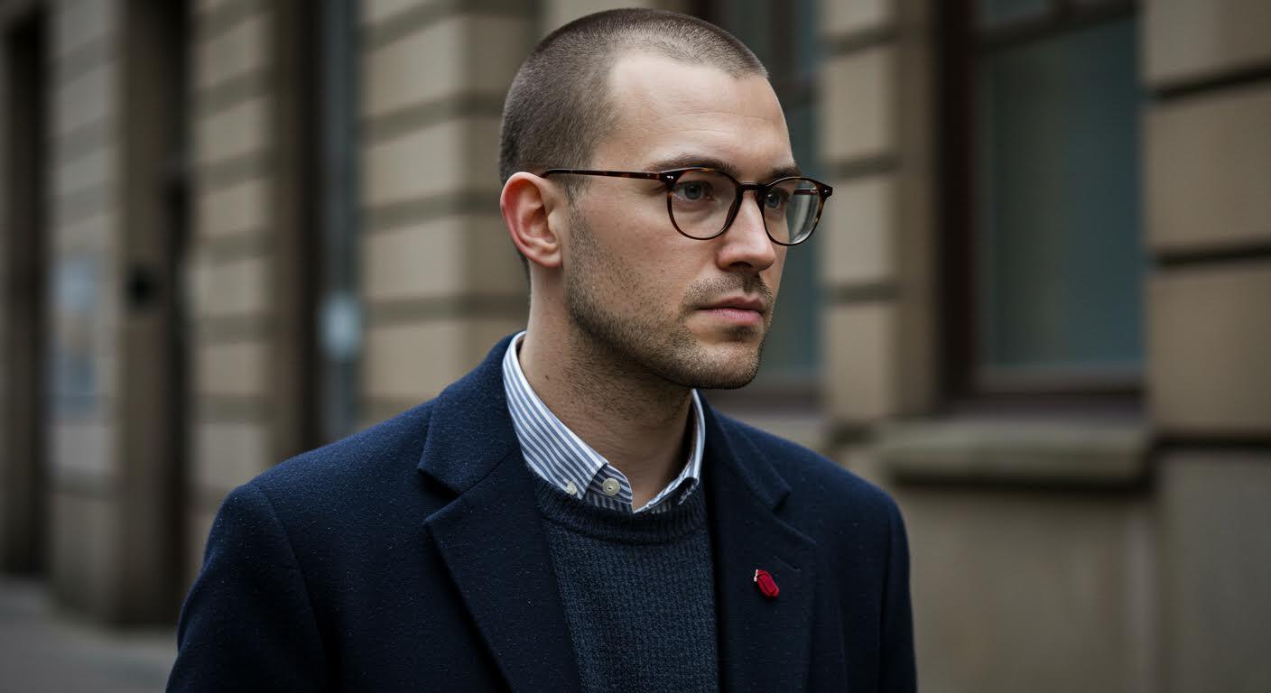 Homme chauve en veste bleu marine et chemise à rayures, détail rouge.