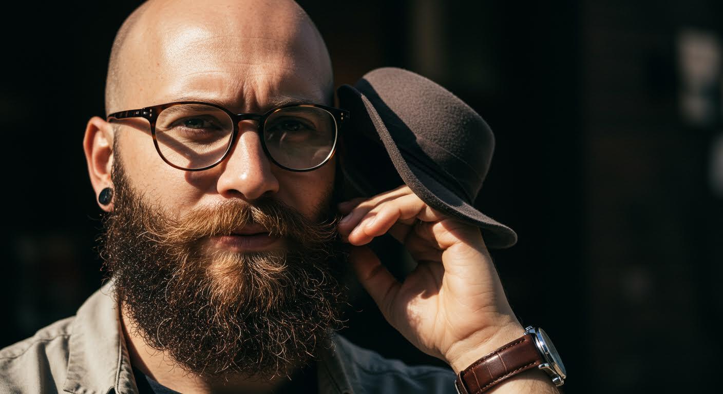 Portrait rapproché d'un homme chauve et barbu, lunettes élégantes, exprimant une subtile confiance.