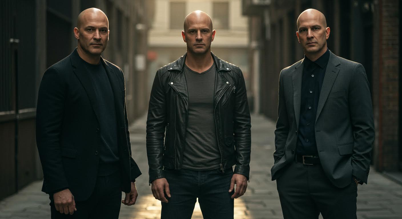 Trois hommes chauves, habillés différemment, dégagent style et confiance en milieu urbain.