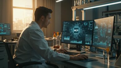 Chercheur en IA analysant des graphiques numériques sur un écran dans un laboratoire moderne.