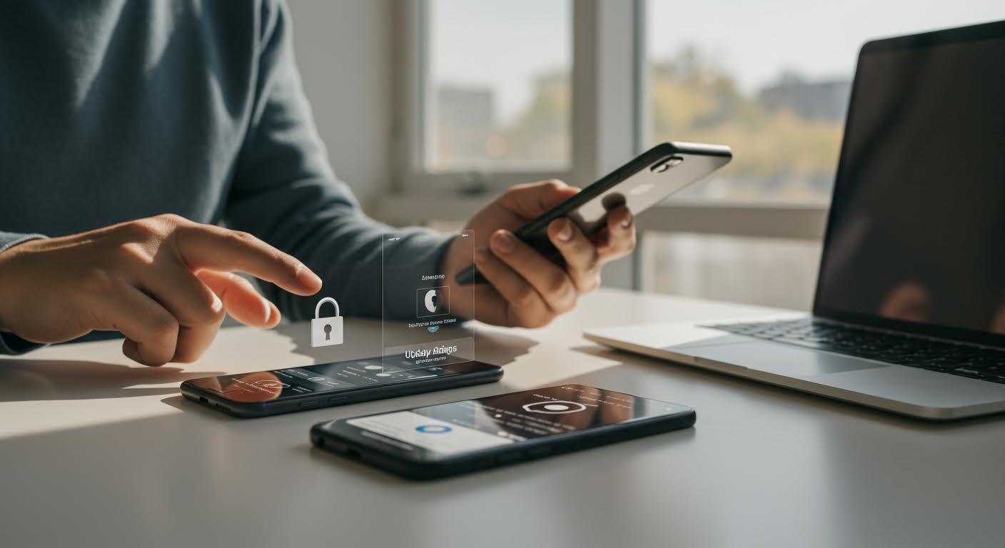 Personne utilisant son smartphone pour gérer la sécurité de plusieurs appareils connectés.