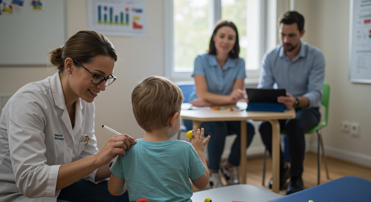 Praticien et enfant en séance de thérapie interactive, arrière-plan flou avec collègues.