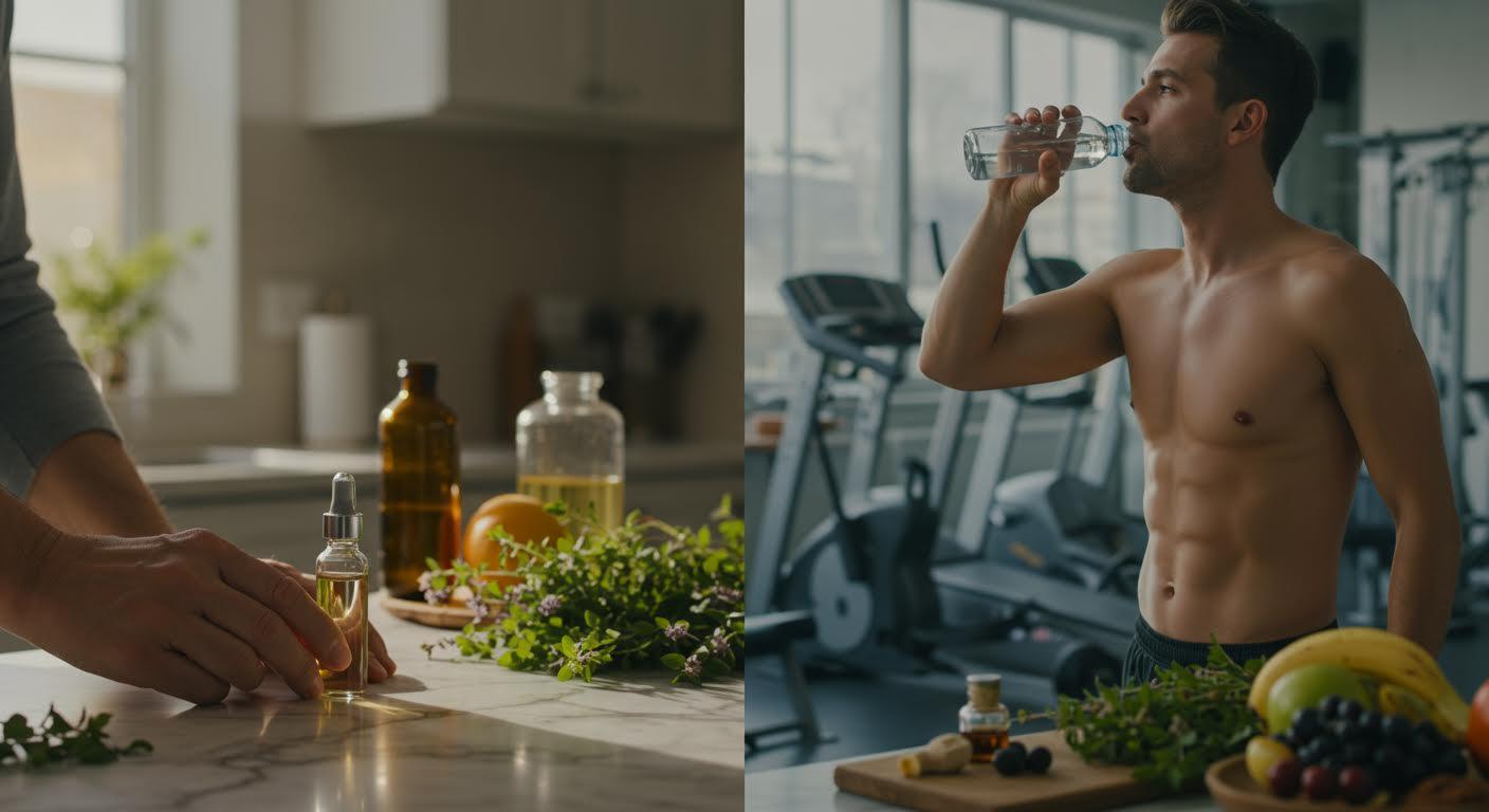 Scène réaliste avec une personne tenant une ampoule dans une cuisine ensoleillée et un athlète buvant dans une salle de sport.
