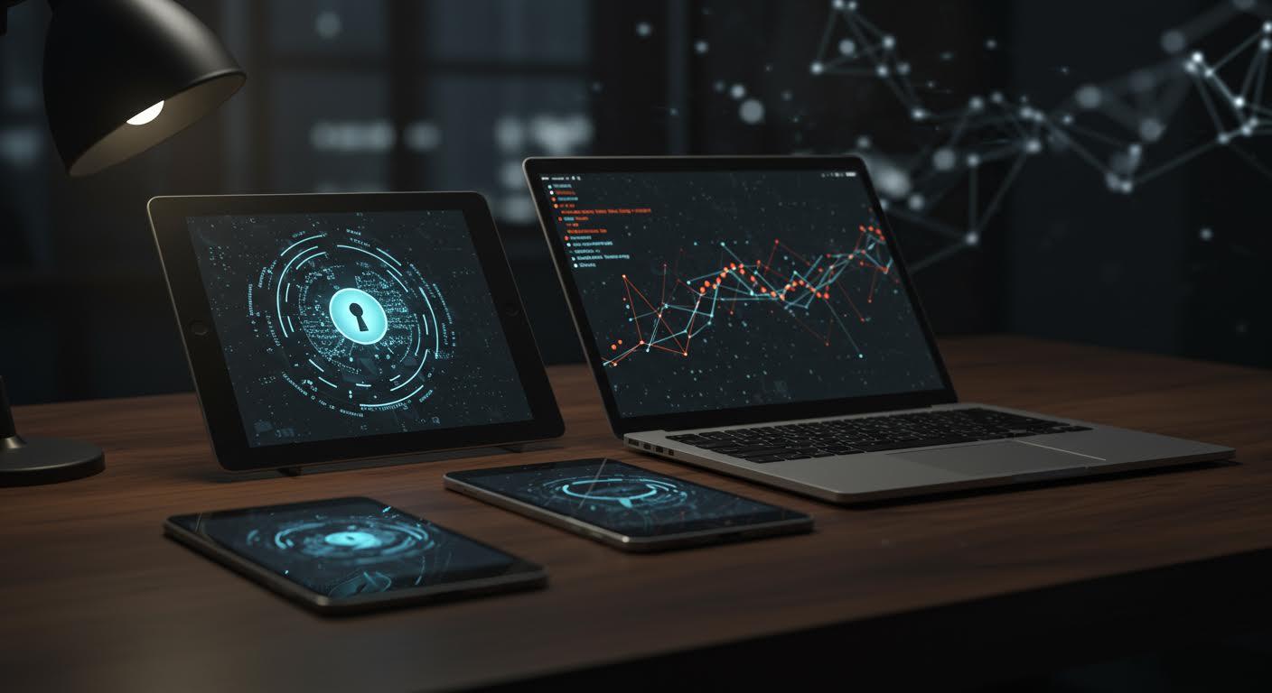 Dispositifs affichant des graphiques de sécurité sur un bureau moderne.