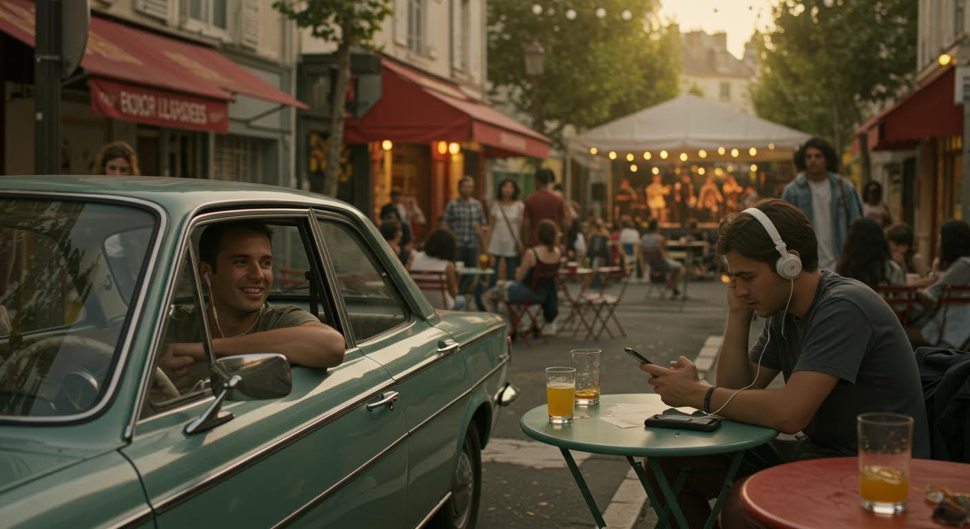 Homme souriant au volant d'une voiture ancienne, avec jeunes gens en terrasse et concert en arrière-plan.