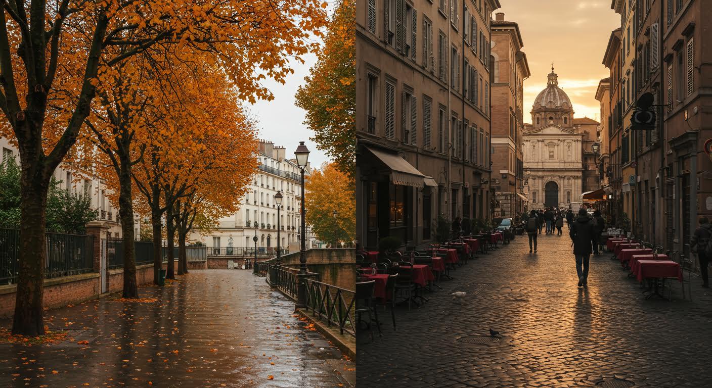 Rues européennes en automne : à gauche, trottoir mouillé bordé d'arbres orangers ; à droite, allée piétonne lors du coucher de soleil.