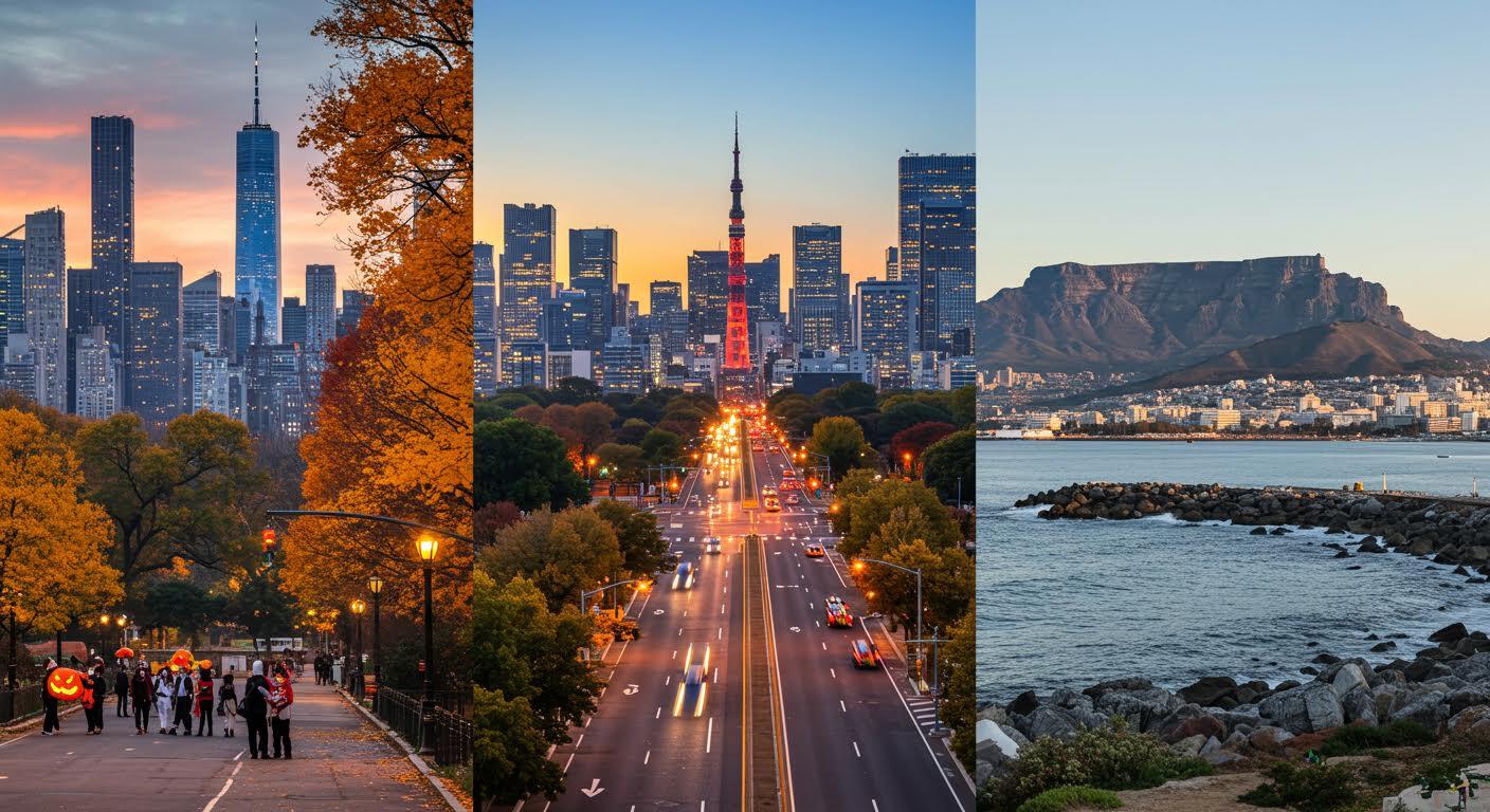 Vue automnale de Manhattan depuis Central Park, avenue tokyoïte illuminée au crépuscule, panorama du Cap au lever du soleil.