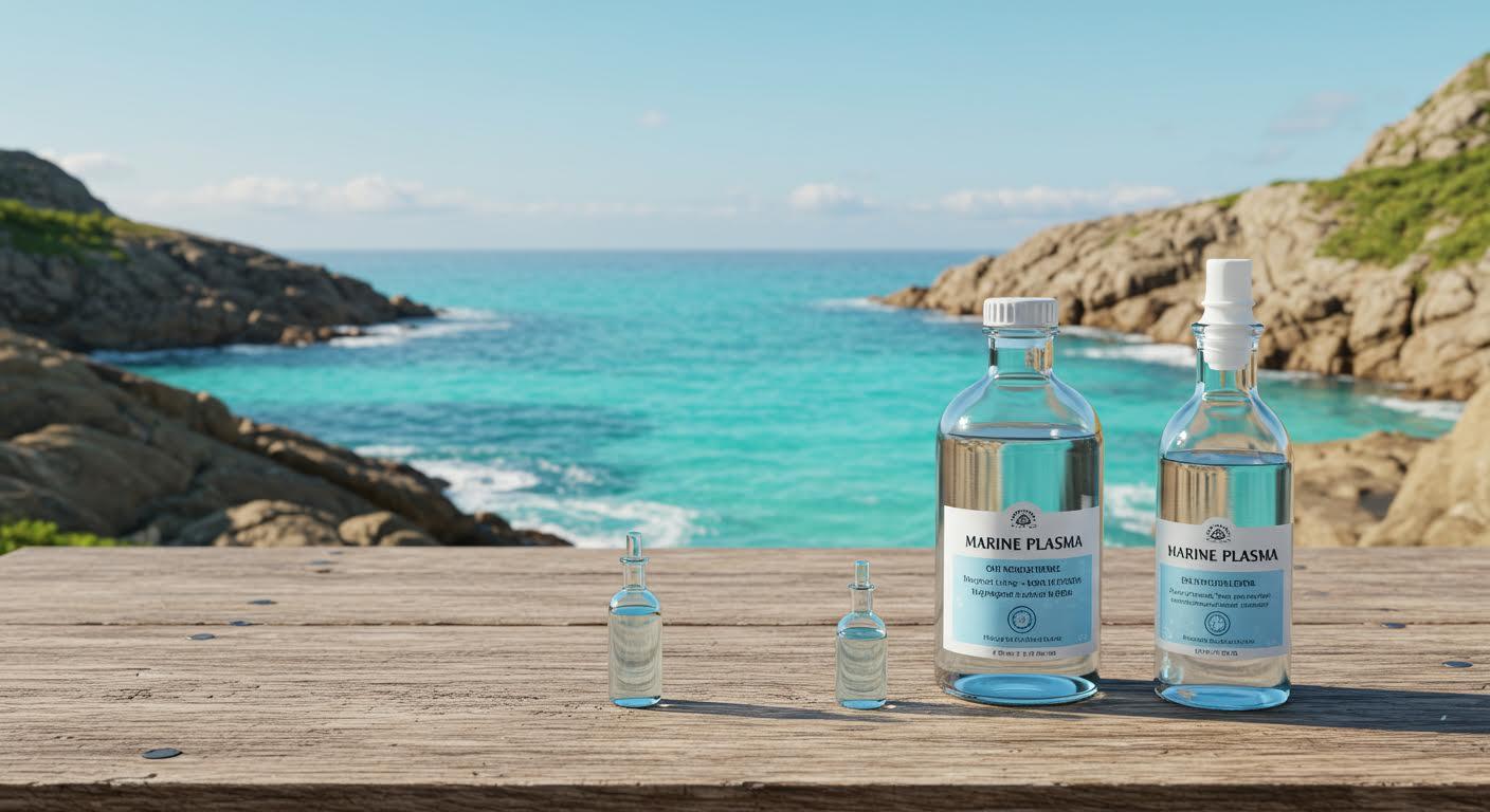 Deux bouteilles de plasma marin sur une table en bois près d'un rivage rocheux.