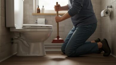 Personne utilisant un débouchoir pour déboucher des toilettes dans une salle de bain éclairée naturellement.