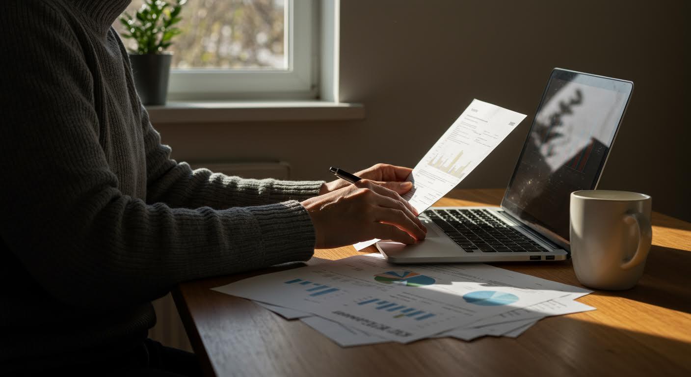 Personne examinant des documents financiers tout en utilisant un ordinateur portable.