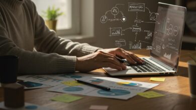 Personne travaillant concentrée sur un ordinateur, entourée de notes sur les stratégies de marketing.
