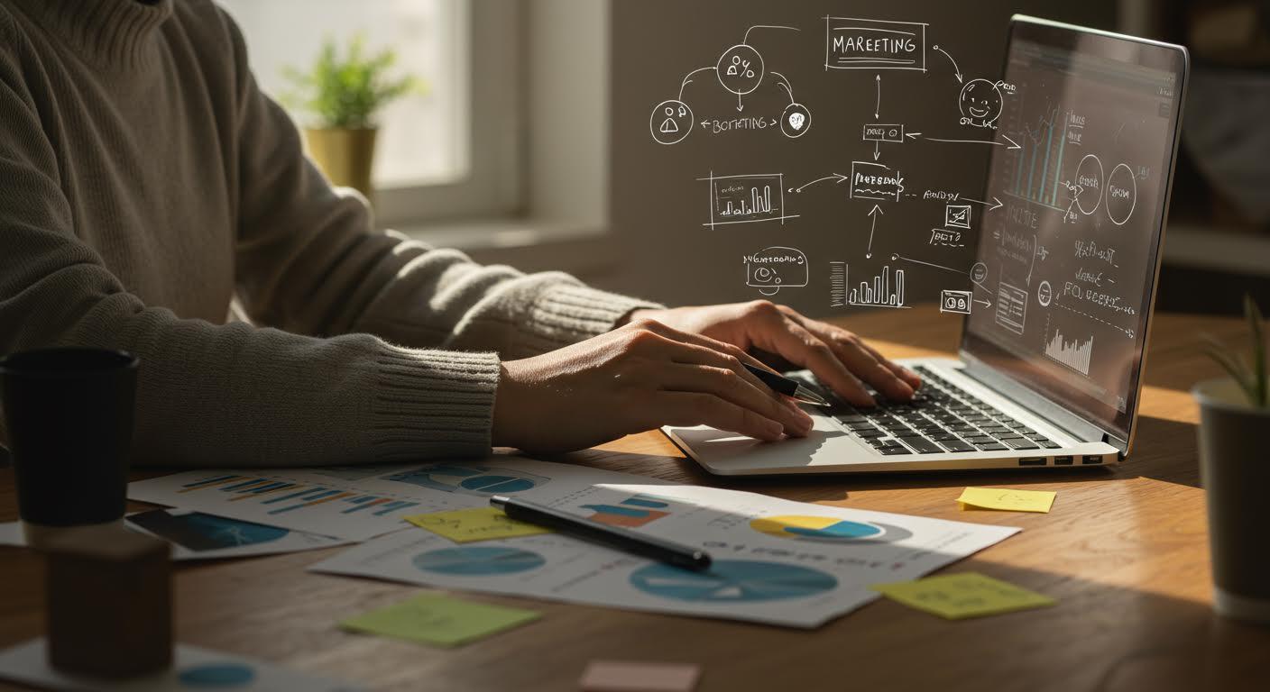 Personne travaillant concentrée sur un ordinateur, entourée de notes sur les stratégies de marketing.