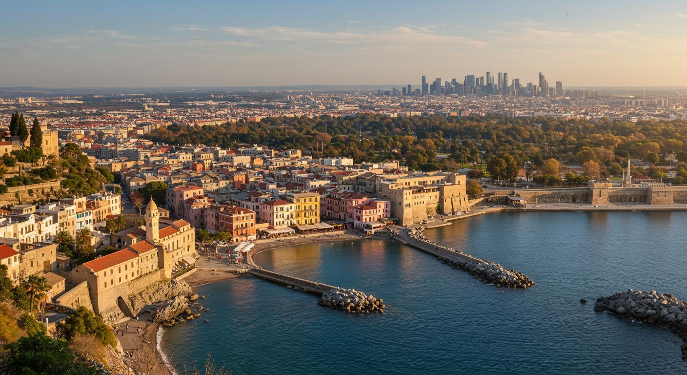 Vue aérienne du vieux port de Marseille au coucher du soleil.