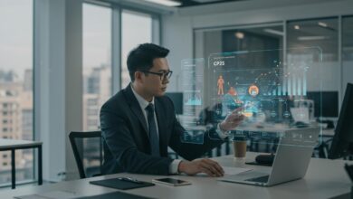 Homme travaillant sur un ordinateur portable avec analyse de données en hologramme.