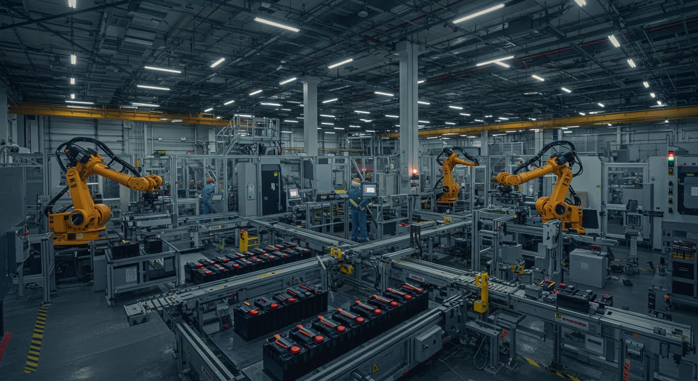 Usine de fabrication de batteries moderne avec lignes automatisées et robots assemblant des cellules.