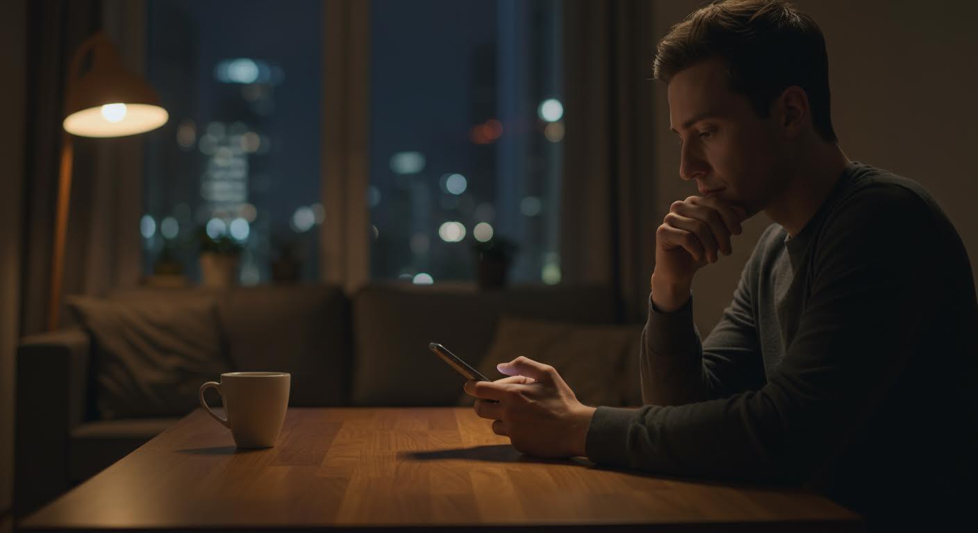 Homme pensif regardant son téléphone mobile dans un salon nocturne.