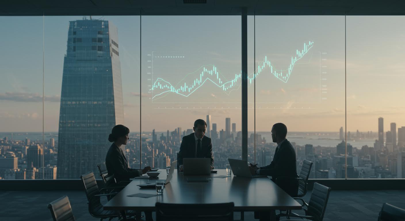 Trois professionnels discutent autour d'une table avec des graphiques financiers virtuels en arrière-plan.