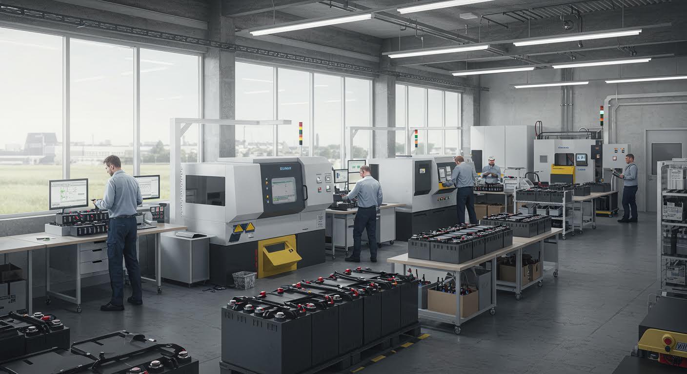 Intérieur moderne d'une usine de fabrication de batteries avec éclairage naturel et ouvriers en activité.