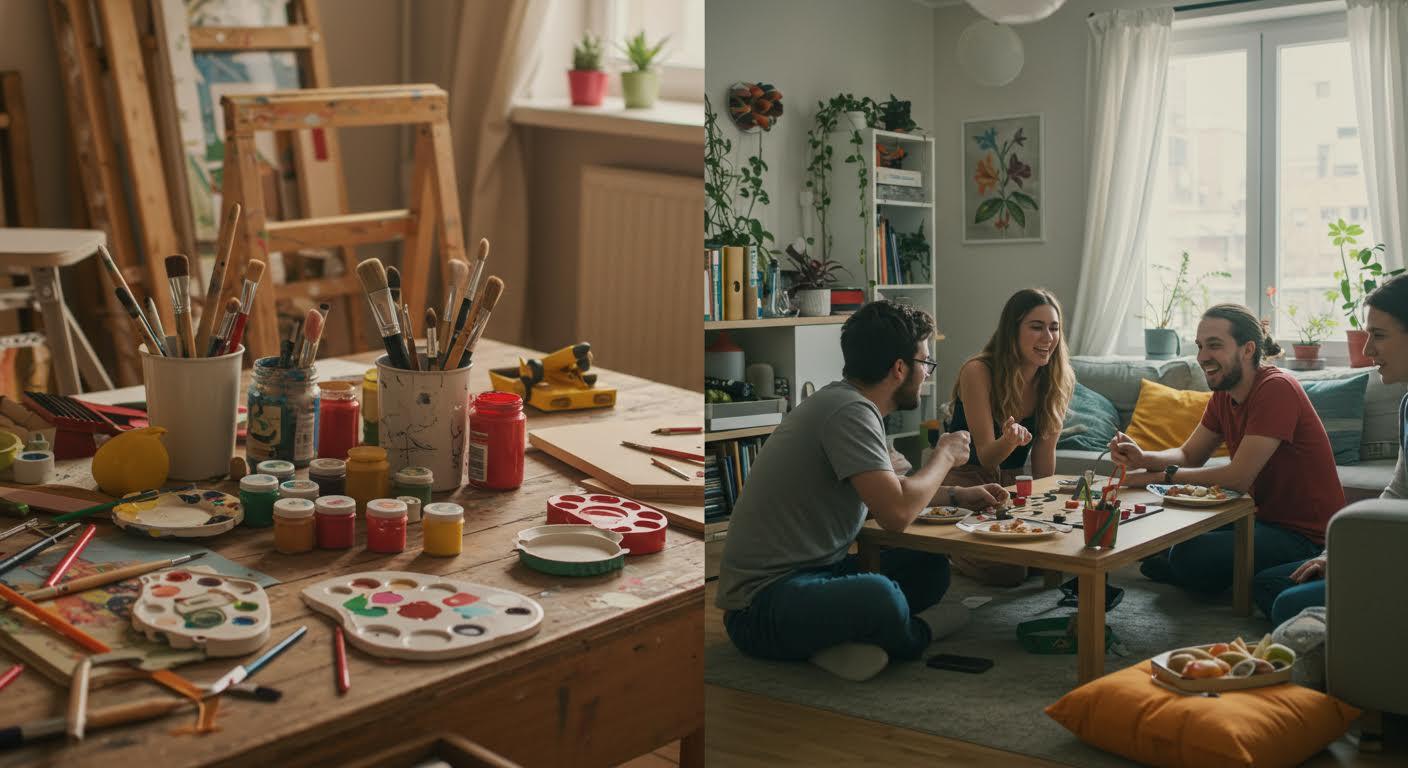 Appartement urbain avec espace créatif pour loisirs DIY et salon convivial où des jeunes jouent à un jeu de société.