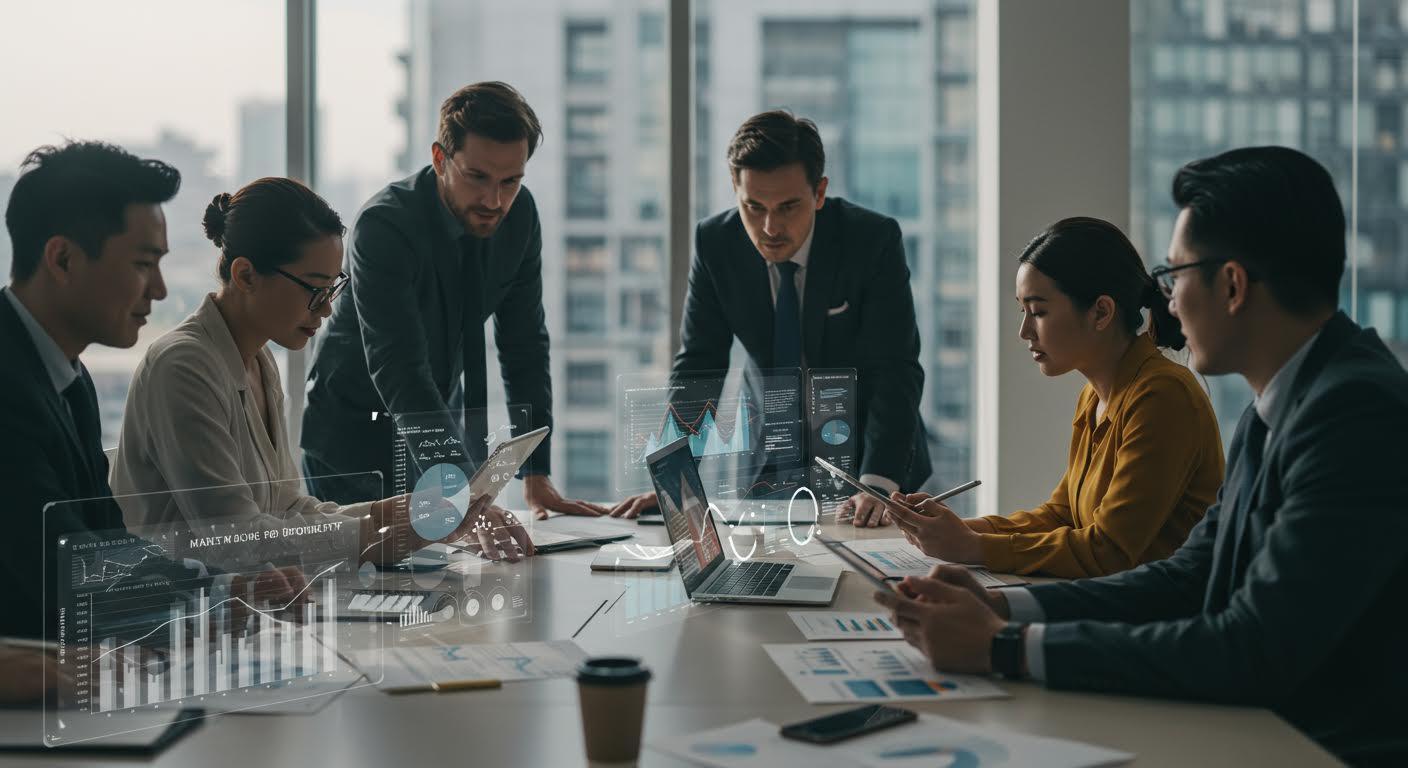 Groupe de professionnels diversifiés analysant des tendances du marché autour d'une table de conférence.