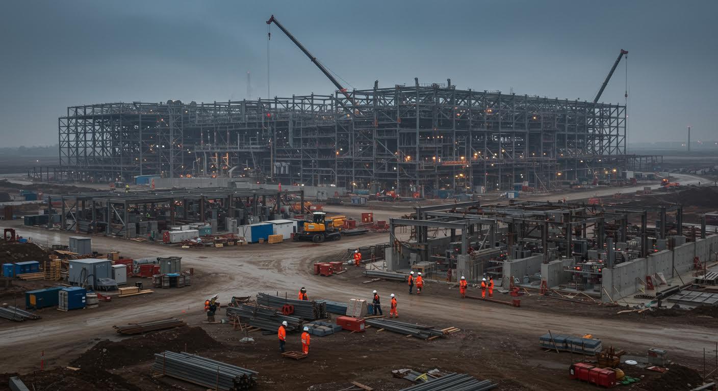 Grande usine de batteries en construction avec ouvriers et équipements lourds sur un terrain vaste.