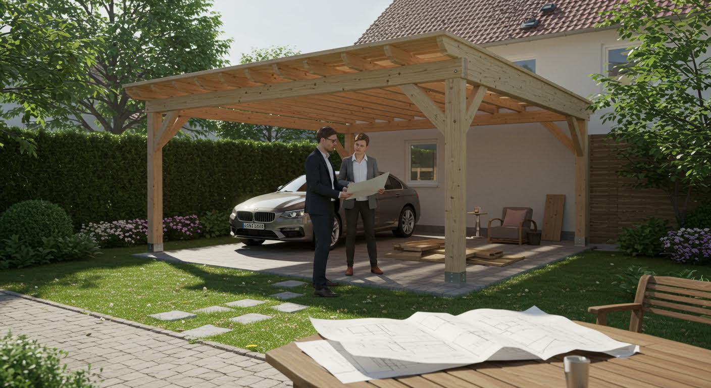 Propriétaire et conseiller examinent des plans de construction près d'un carport en bois.