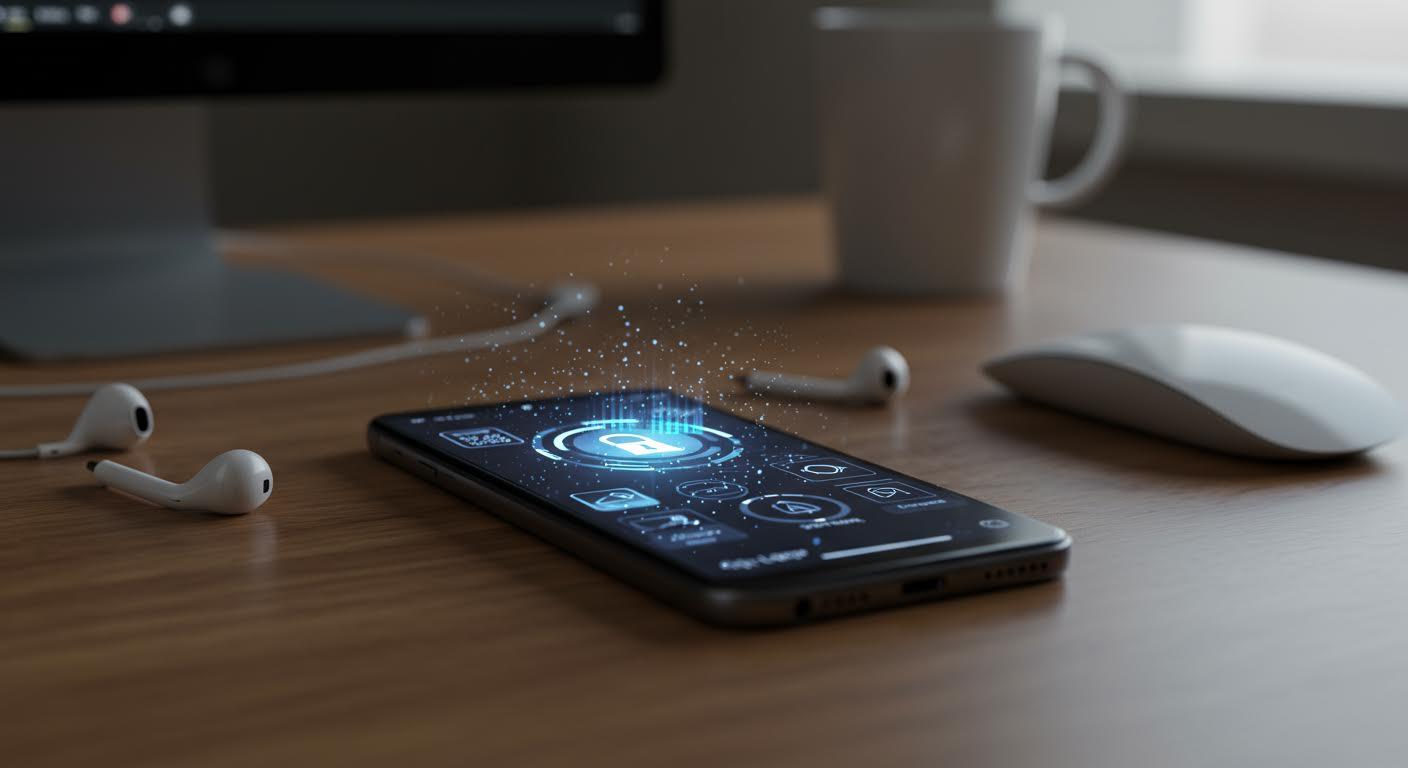 Smartphone affichant des icônes de connectivité lumineuses sur un bureau en bois.