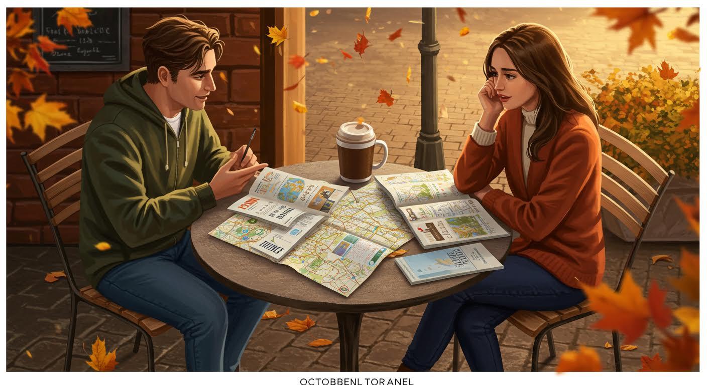 Jeune couple planifiant leur parcours sur des cartes de ville à une table de café en automne.