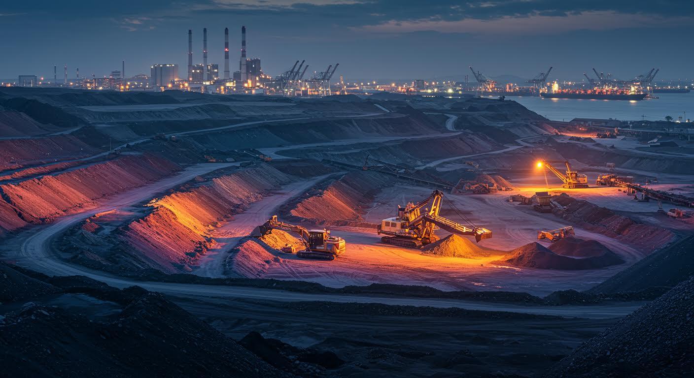 Zone minière industrielle au crépuscule avec machines et port en activité.