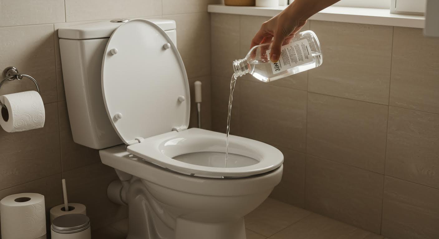 Main versant une solution nettoyante dans un WC moderne éclairé naturellement.