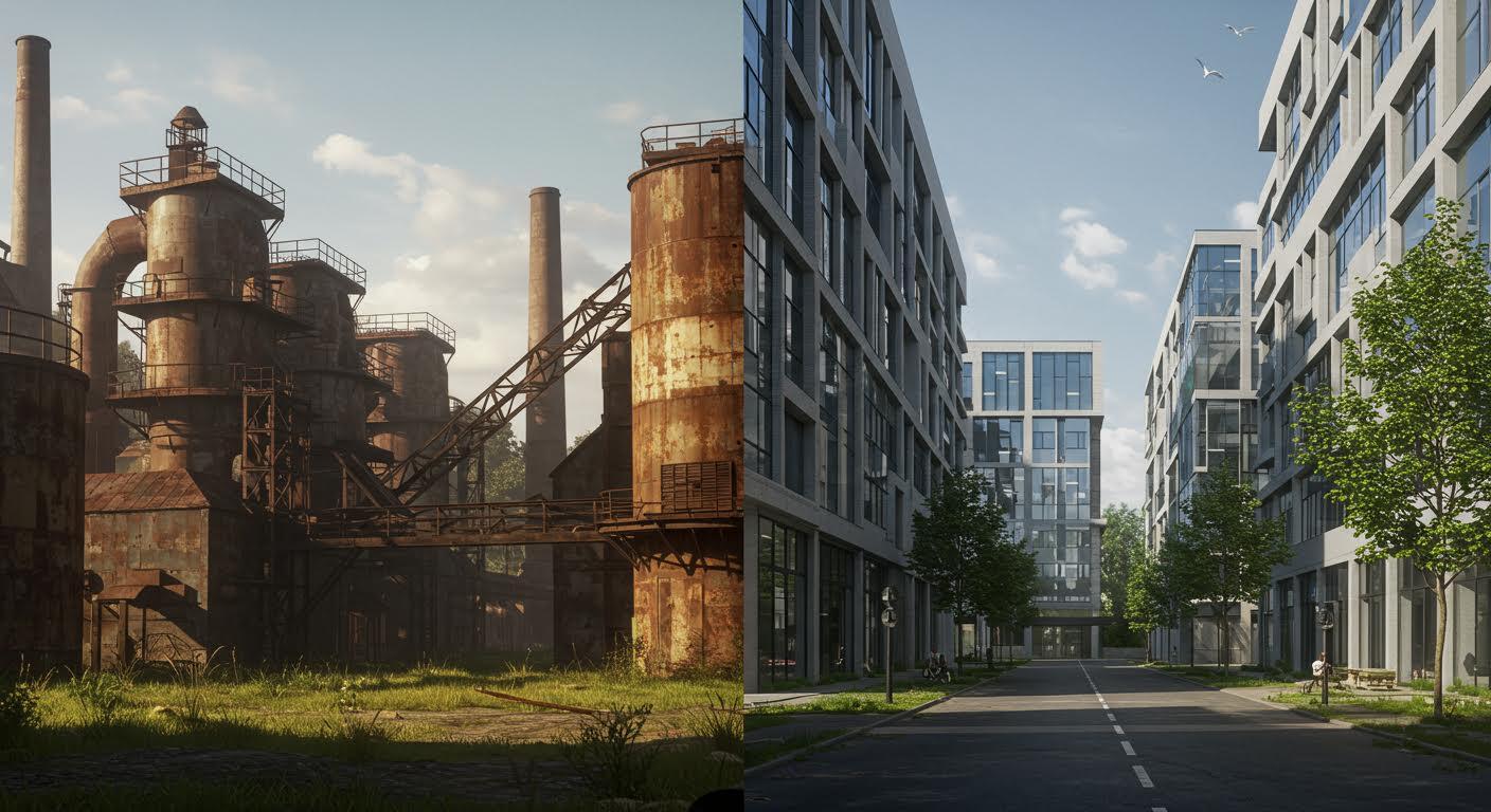 Contraste entre une ancienne usine rouillée et un quartier moderne et rénové.