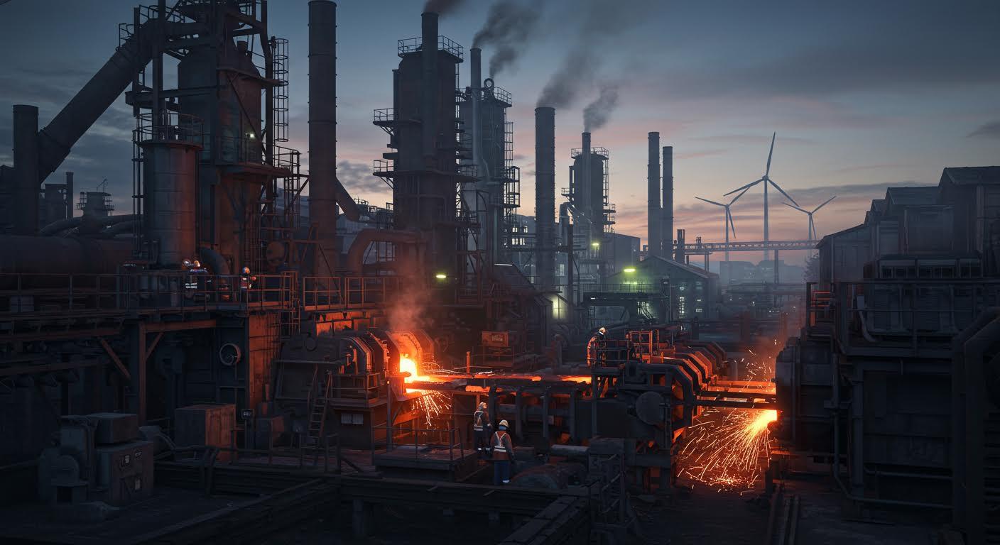 Usine sidérurgique active au crépuscule avec éclairage industriel et éoliennes en arrière-plan.