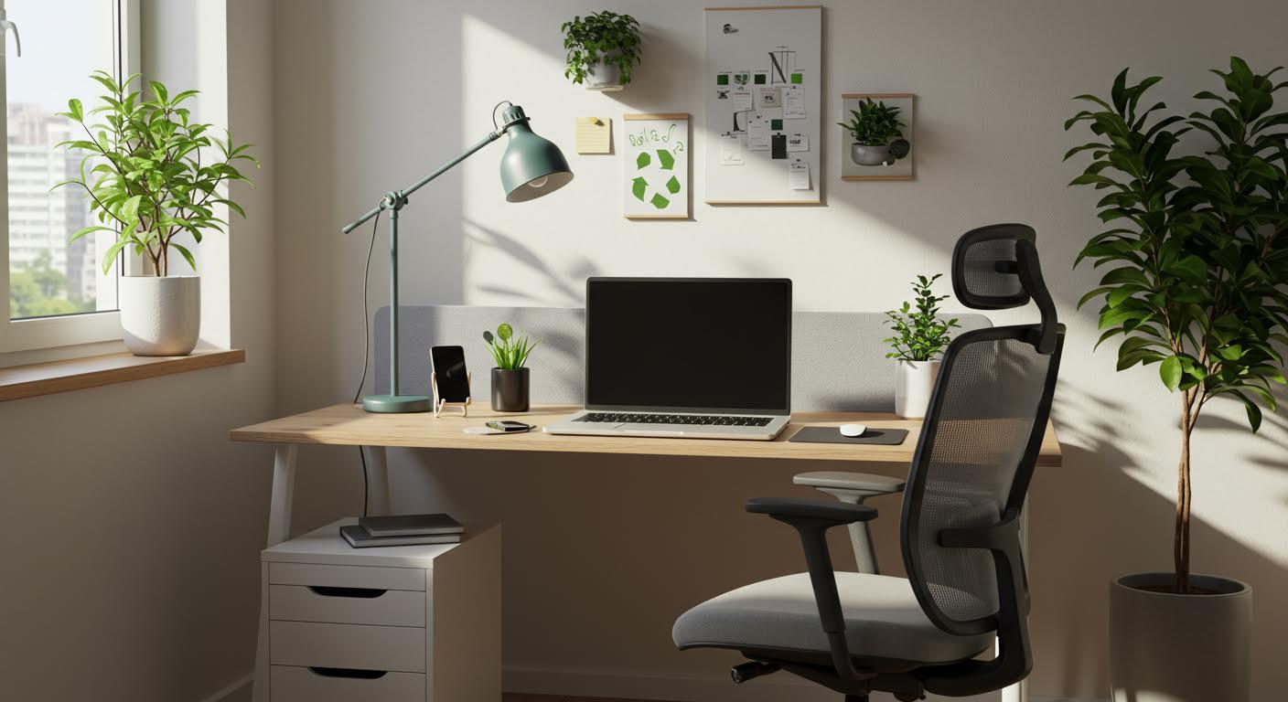 Bureau à domicile moderne et lumineux avec plantes et décor écoresponsable.
