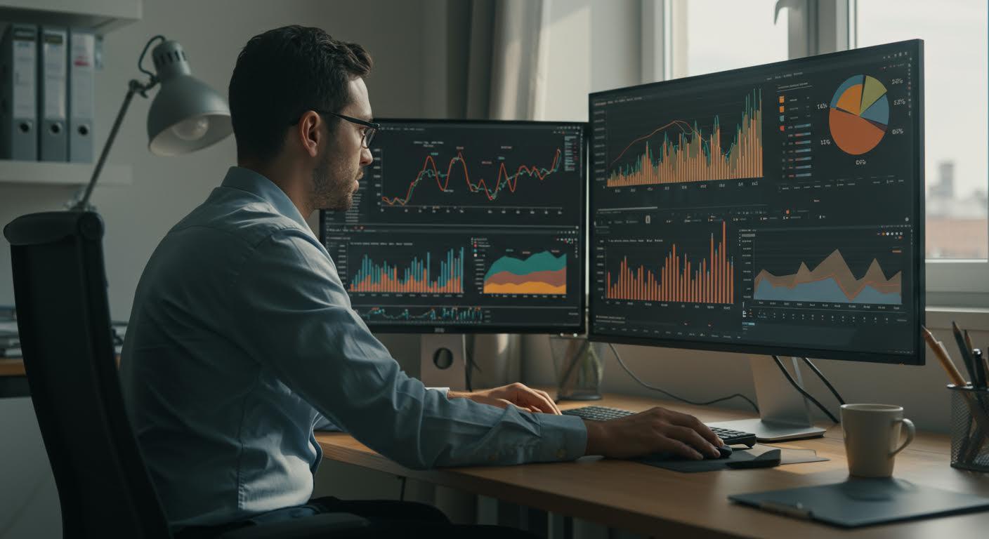 Professionnel analysant des graphiques colorés sur écrans dans un bureau moderne éclairé naturellement.