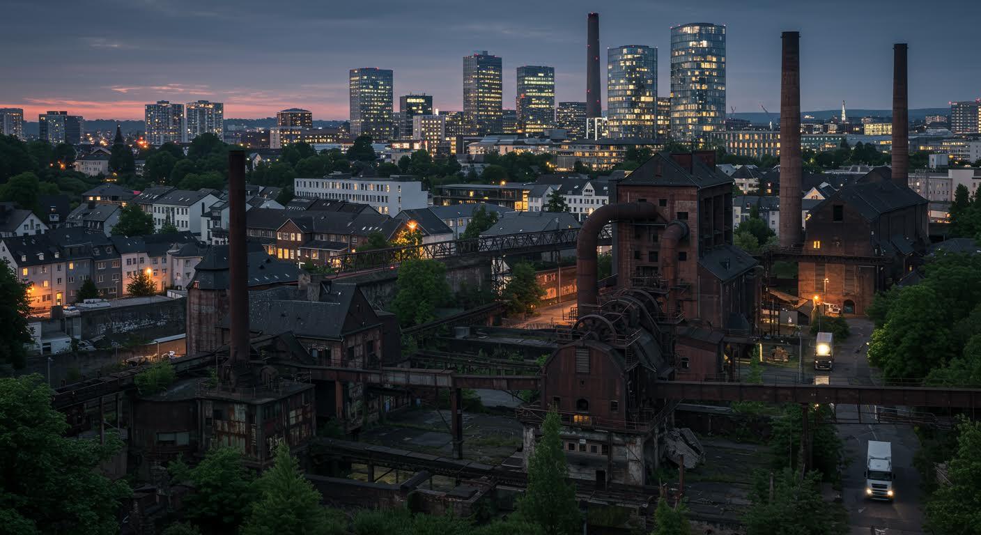Contraste entre zone industrielle historique et quartier moderne illuminé au crépuscule.