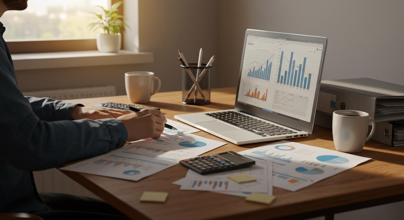 Personne analysant des graphiques de données sur ordinateur et papier dans un bureau lumineux.