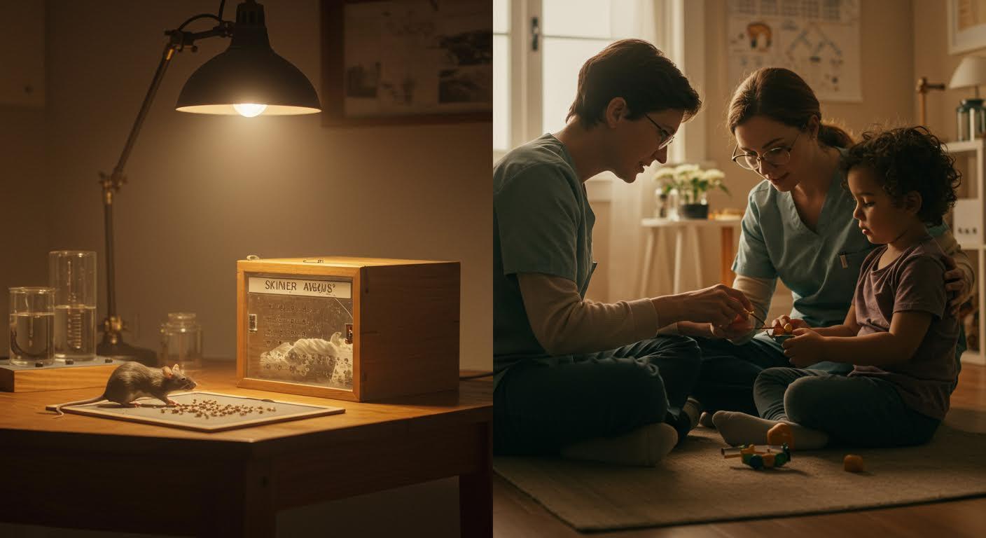 Scène cinématique montrant l'évolution de l'analyse comportementale, d'un laboratoire vintage à une salle de thérapie moderne.