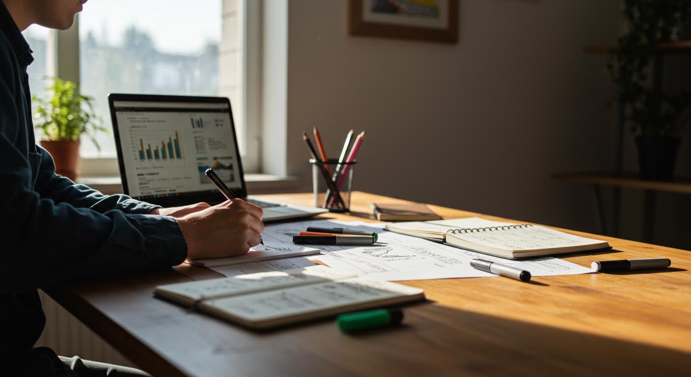 Personne en réflexion, entourée de carnets et marqueurs, devant un ordinateur, dans un bureau ensoleillé.