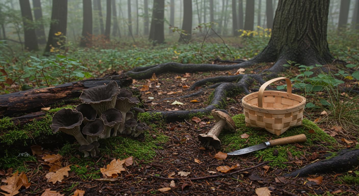 Forêt brumeuse matinale avec champignons foncés et outils de cueillette écoresponsable.