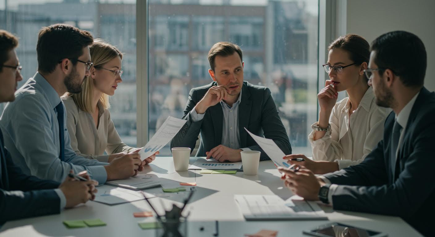 Réunion d'affaires avec six professionnels analysant des documents autour d'une table.