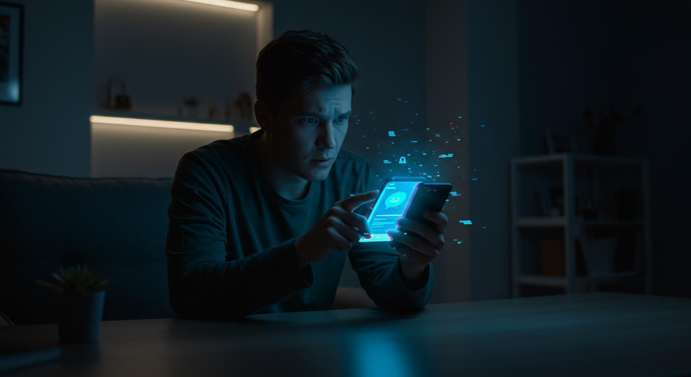 Homme concentré utilisant un smartphone avec des icônes de sécurité virtuelle émanant de l'écran.