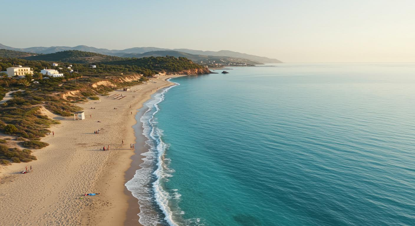 Vue aérienne d'une plage bordée de collines et bâtiments avec des personnes et vagues légères.