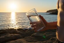 Personne analysant la pureté de l'eau de mer dans un récipient sur une côte rocheuse à l'aube.