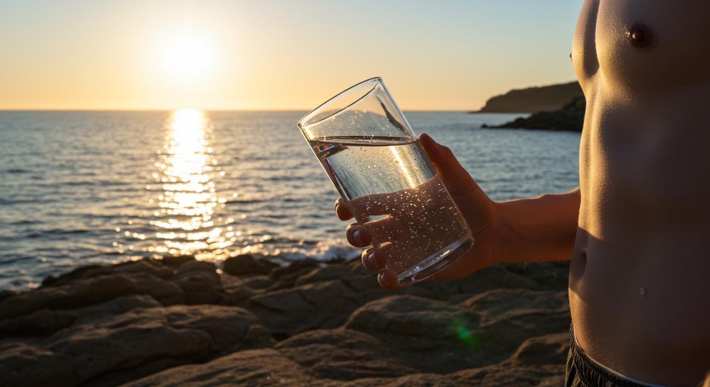 Personne analysant la pureté de l'eau de mer dans un récipient sur une côte rocheuse à l'aube.