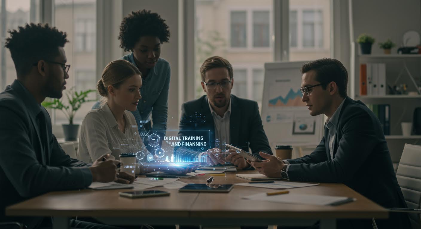 Équipe de professionnels discutant autour d'une table avec une interface holographique de planification.