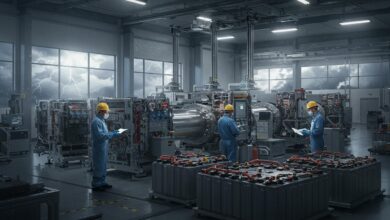 Ingénieurs en tenue de protection inspectant des composants de batteries dans une usine moderne, sous un ciel orageux.